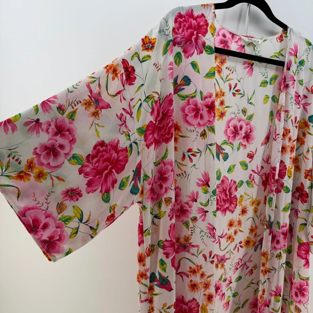 Pioneer Womans Duster Kimono Women S/M White Pink Floral Bird Boho Shabby Chic - Picture 3 of 7
